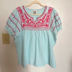 Sister Mary Blue Floral Printed Embroidered Cotton Top Blouse S Cottage Plaid